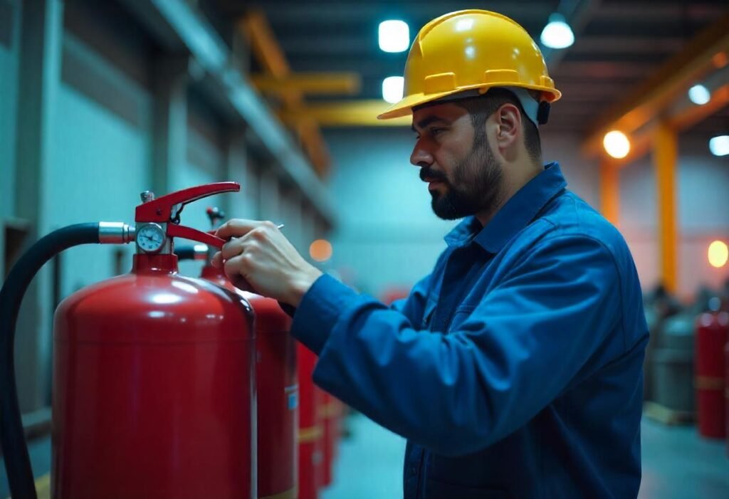 Fire Technician inspecting guage of fire extinguishers